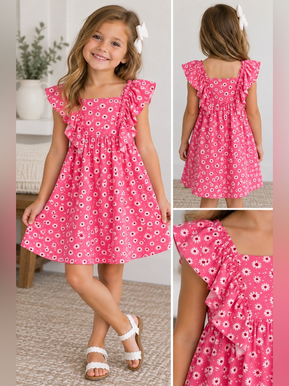 Just Lizzy Girls Size 4 Hot Pink Daisy Floral Ruffle Dress